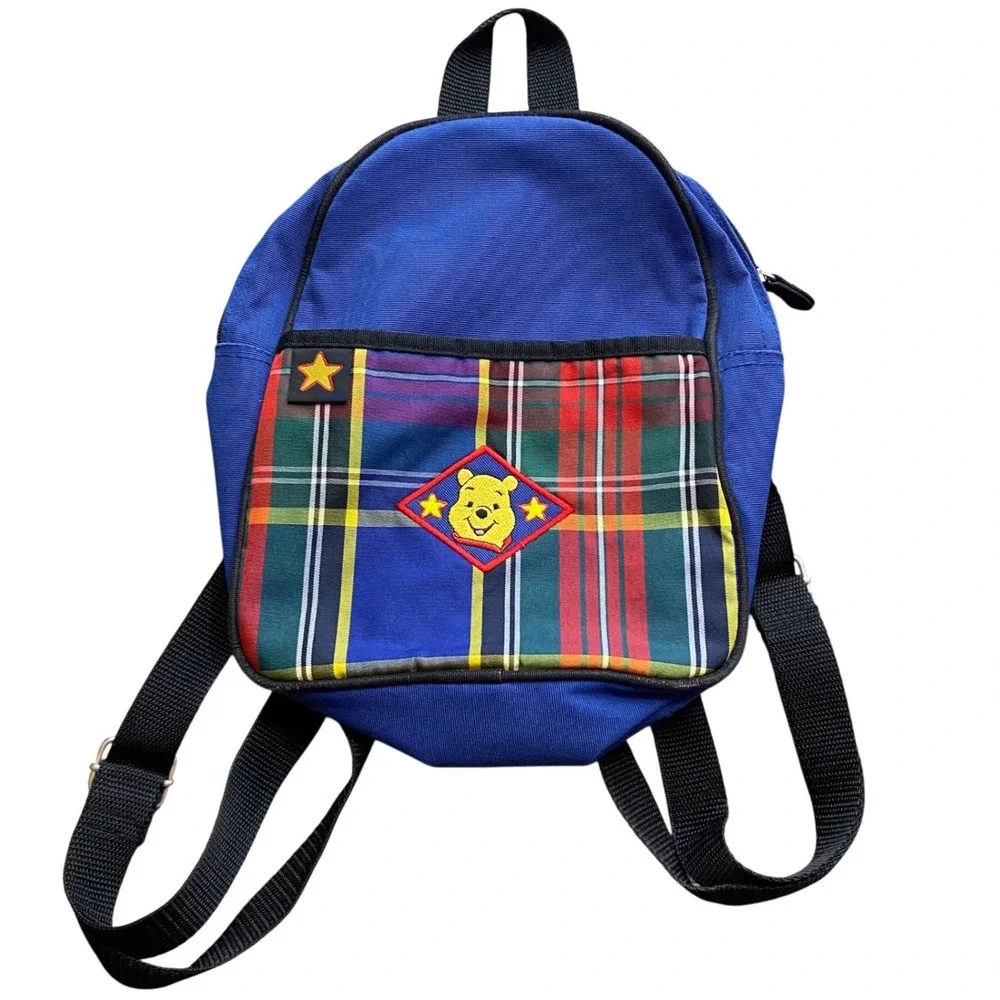 VTG Vintage Winnie the Pooh Mini Backpack – Blue &‎ Tartan Plaid – 90s Disney